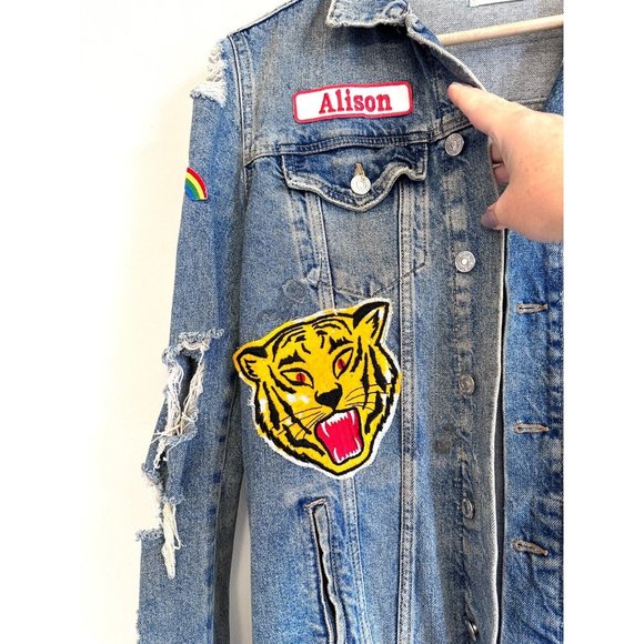 MNG by Mango RARE UNIQUE Vintage Jean Jacket Patchwork Distressed Women'… - Picture 2 of 6